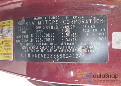 2008 Kia Sedona Lx z USA, uszkodzony, nr VIN KNDMB233686241244